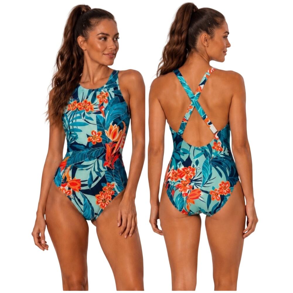 Jantzen NWT Layla Cross Back High Neck Temple Peach Tropical Swimsuit Size 28W